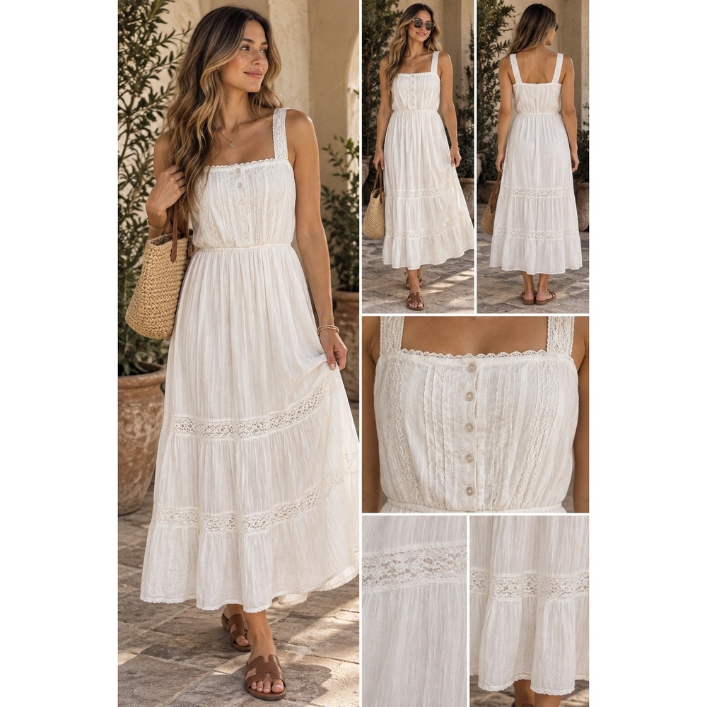 Aerie White Cotton Gauze Lace Trim Tiered Midi Dress Large Cottagecore Sundress